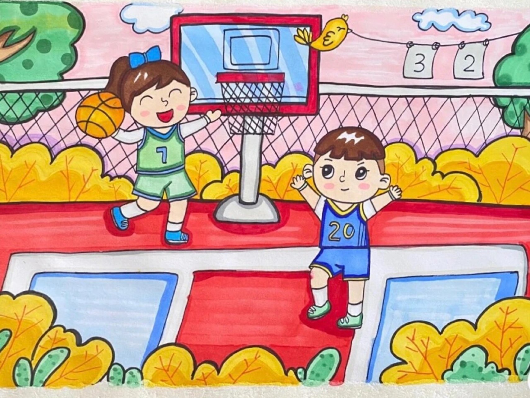 🧶儿童画/《一起打篮球》 原创👉🏻-汤圆   补发假期画的,希望