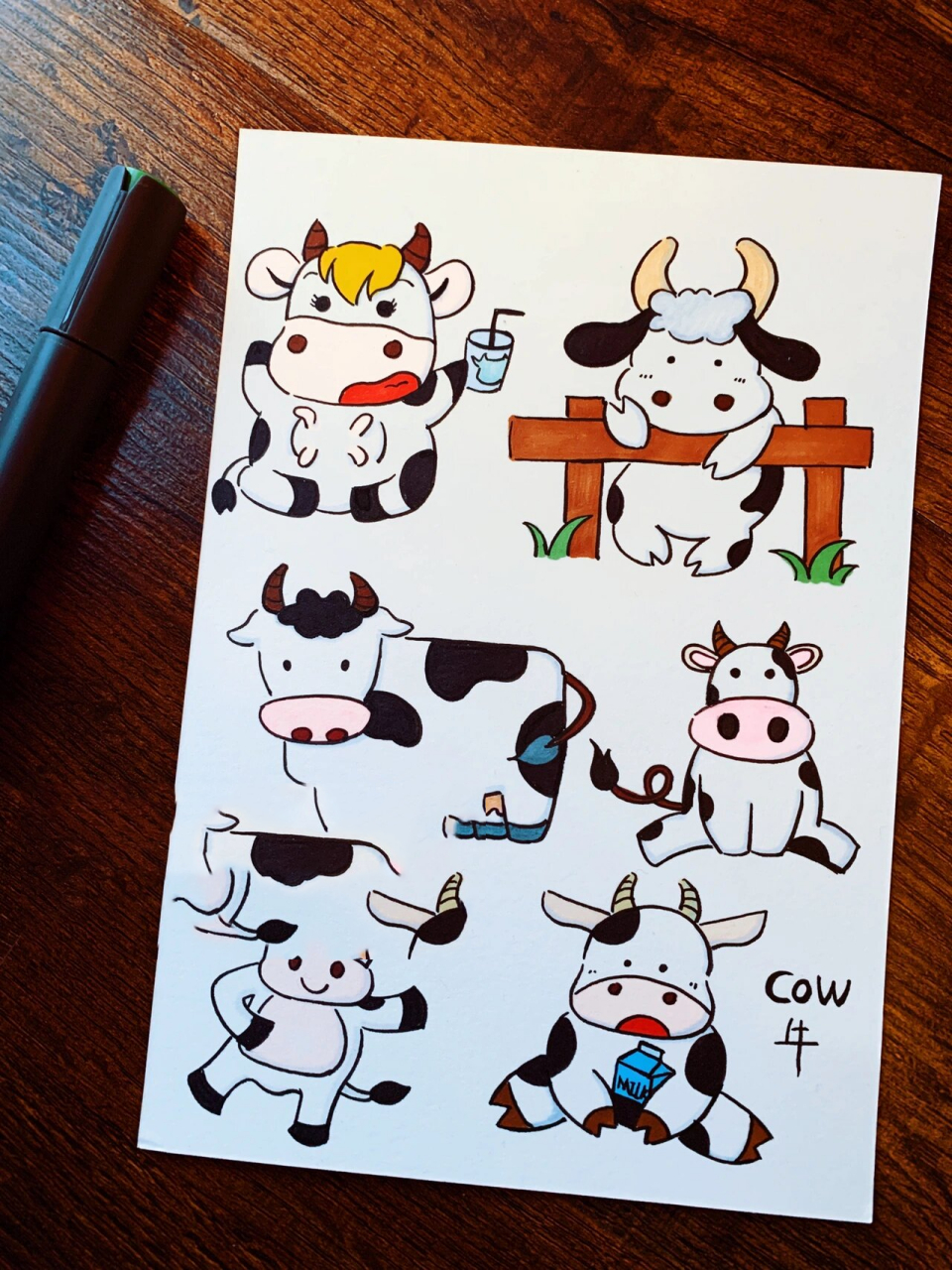 奶牛98手绘手帐简笔画素材练习线稿上色图 超级呆萌可爱的小奶牛,之