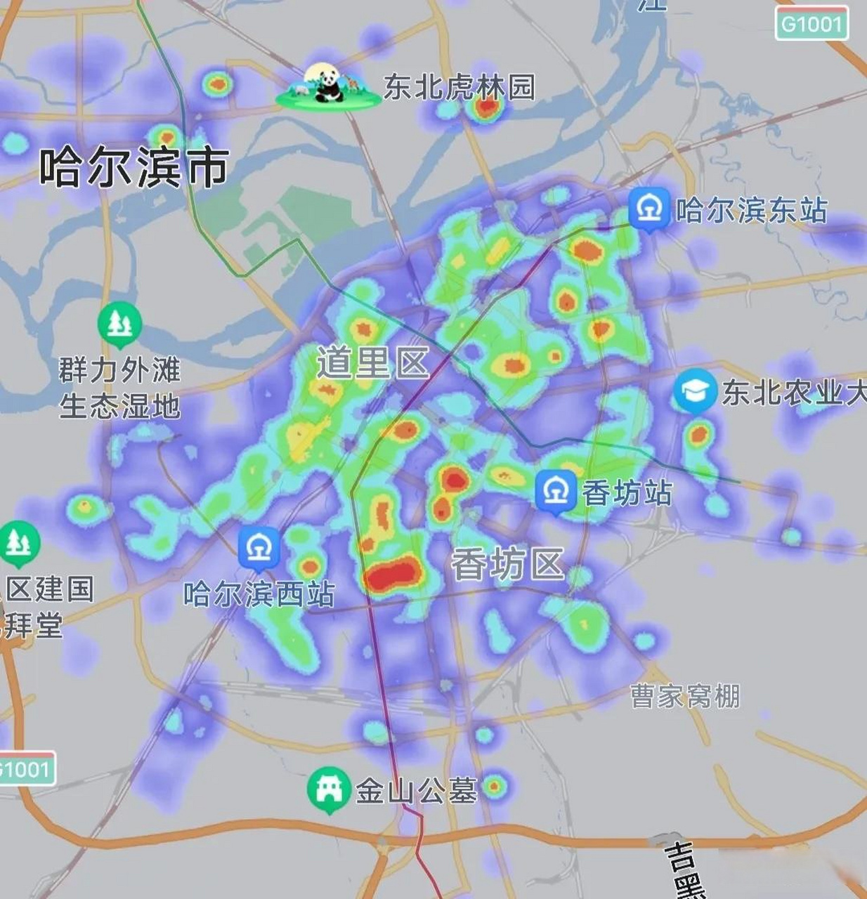 沈阳长春哈尔滨三座城市热力图对比,现在是晚上23:10分同时段同比例尺