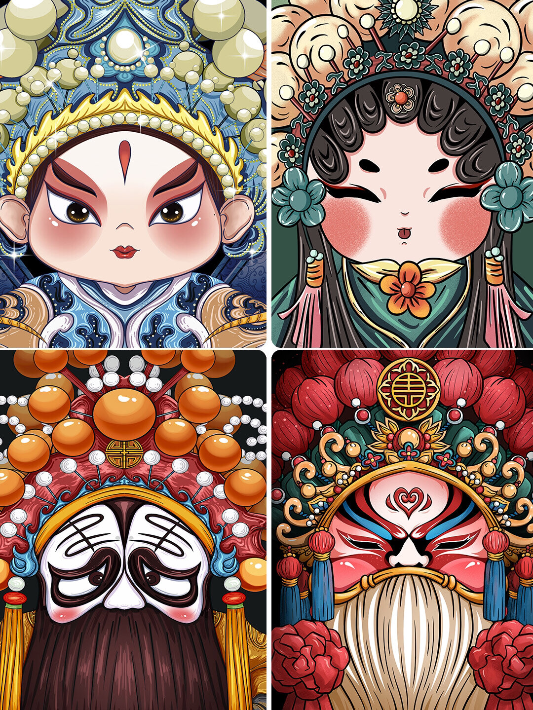 手绘中式国潮风卡通q版京剧花旦人物特写脸谱插画psd设计素材模板 ?