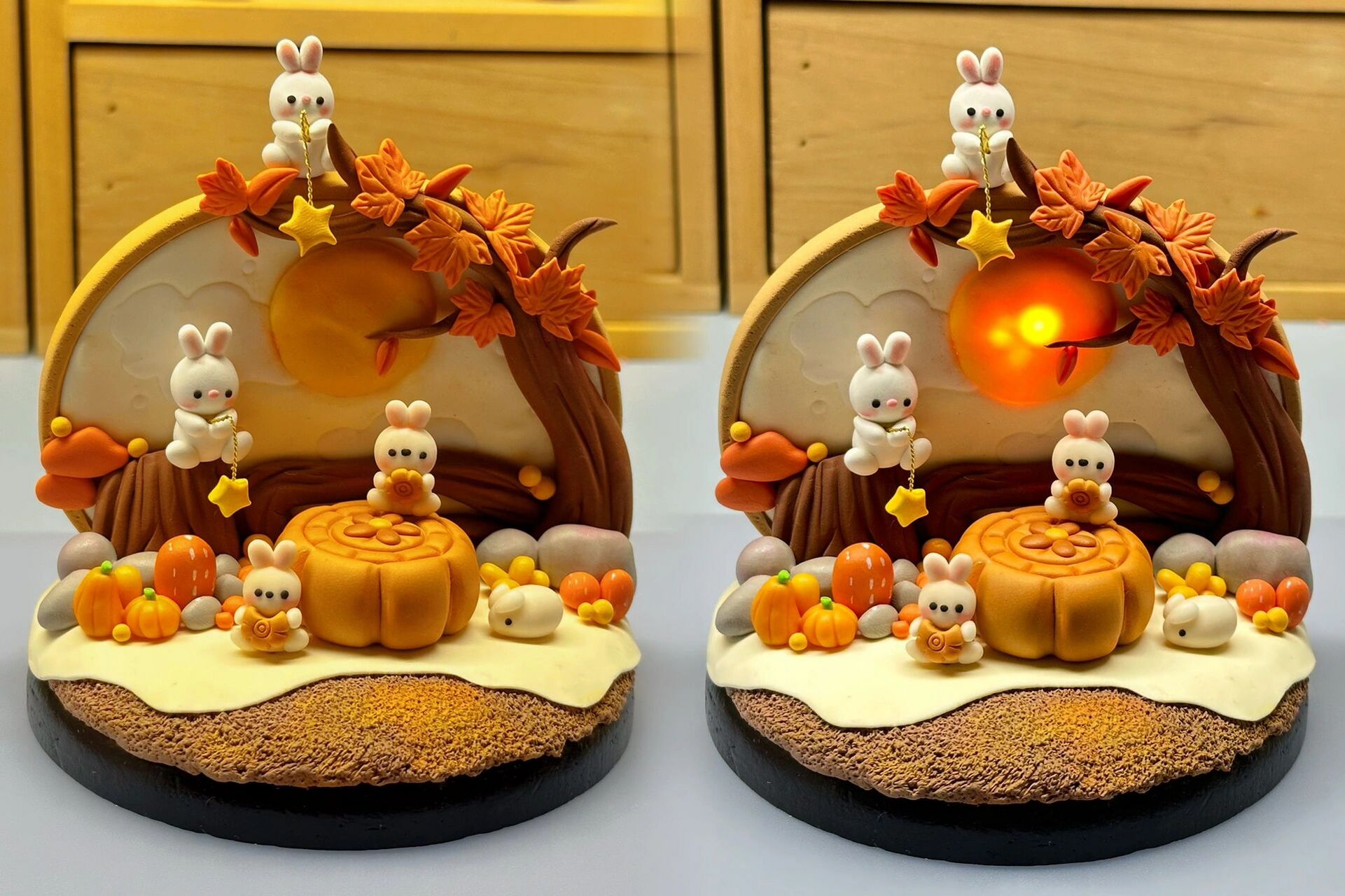 超轻粘土 | 中秋节玉兔吃月饼小场景夜灯～ 马上中秋拉啦,一起动手做