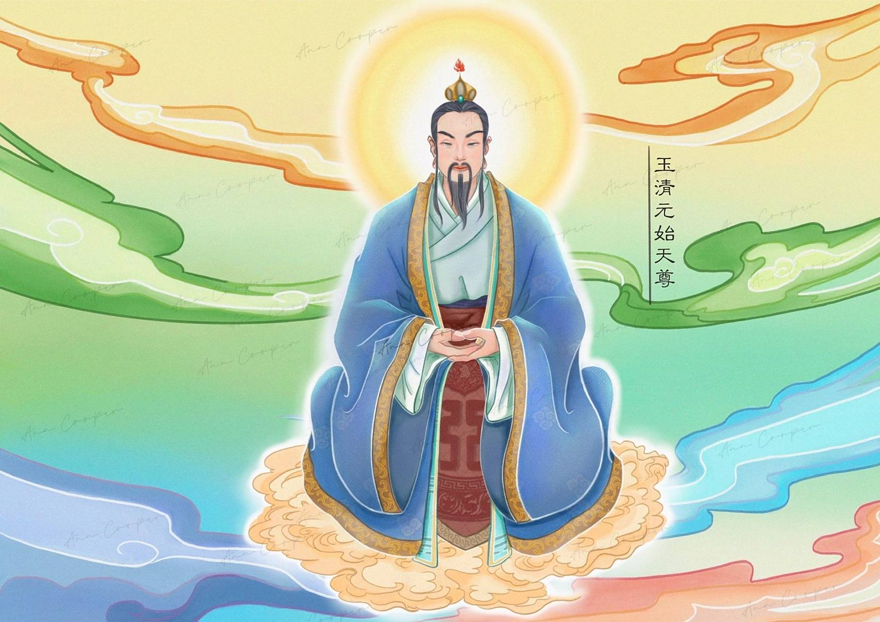 原创国风三清道祖群像 甲方看了线稿后提出需要左右对