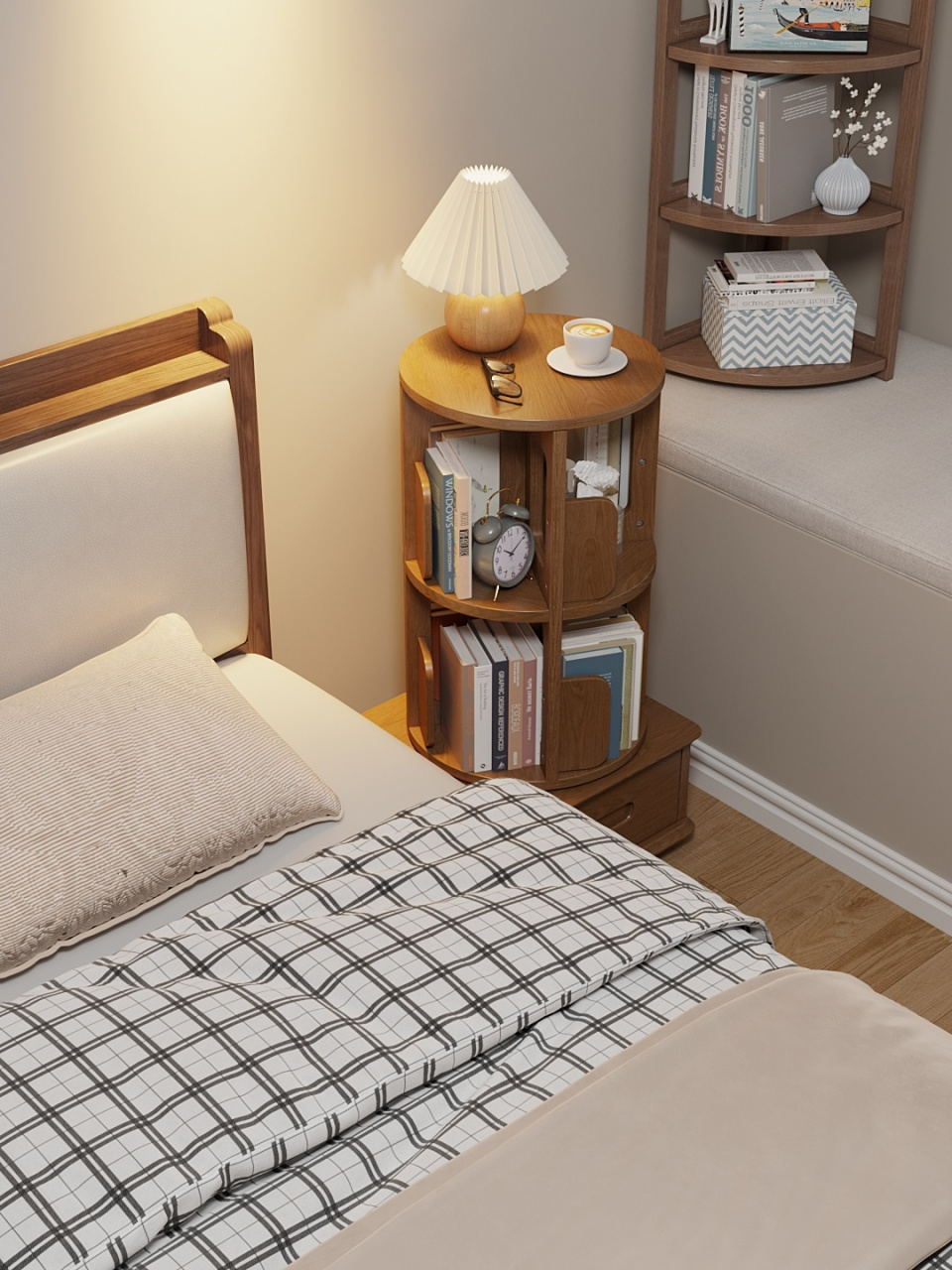 在床头放置一个可移动可旋转的书架真的好棒 床头不只是用来放床头柜