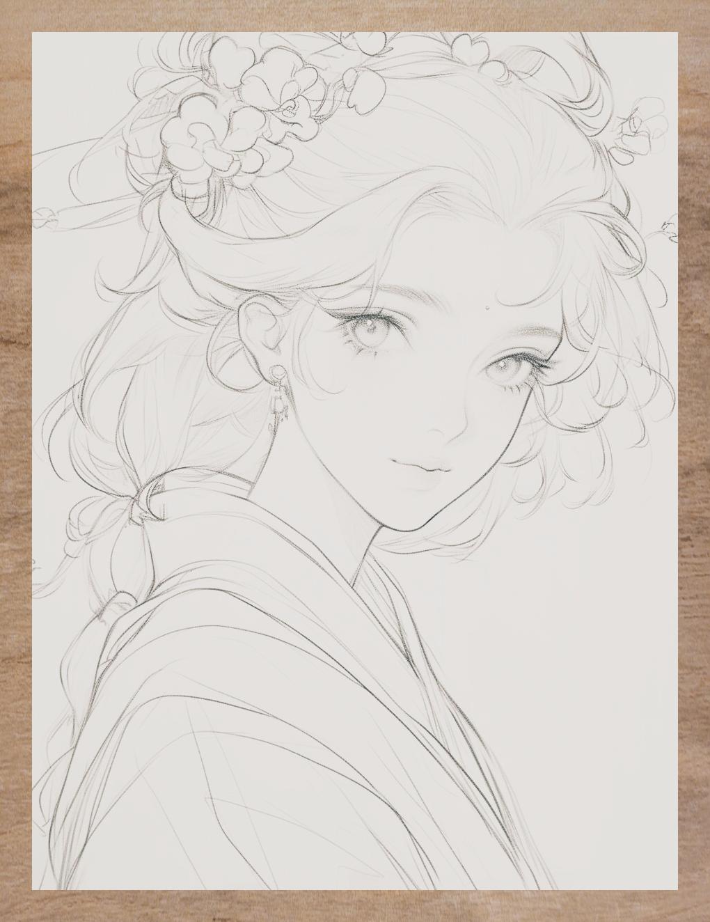 古风花神少女线稿插画a120素材