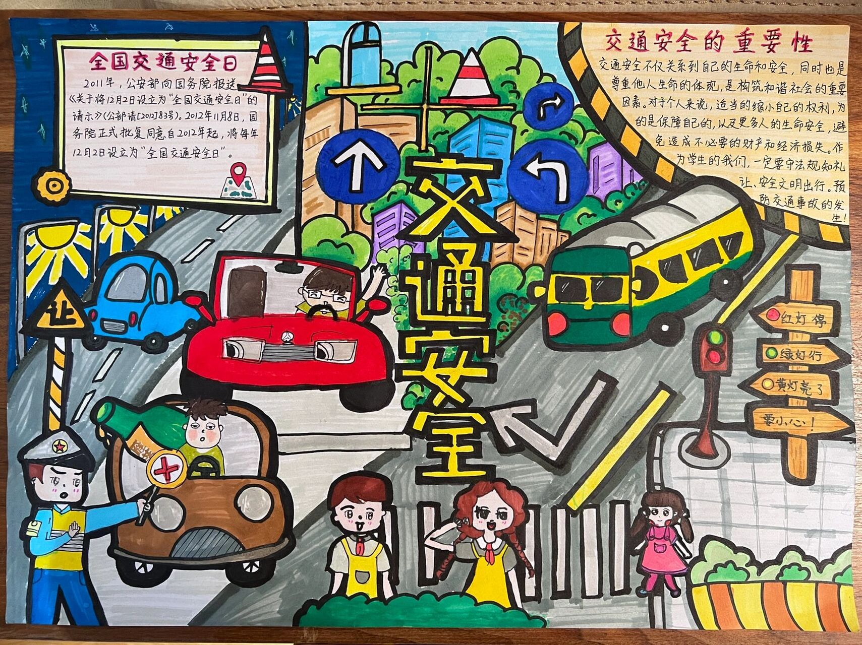 幼儿园小学交通安全主题绘画及手抄报 两个丫头学校幼儿园是邻居,同个