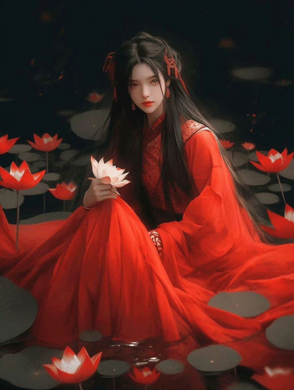 ai插画国风古风美女壁纸二次元美人图素材         美人与荷,我真的超