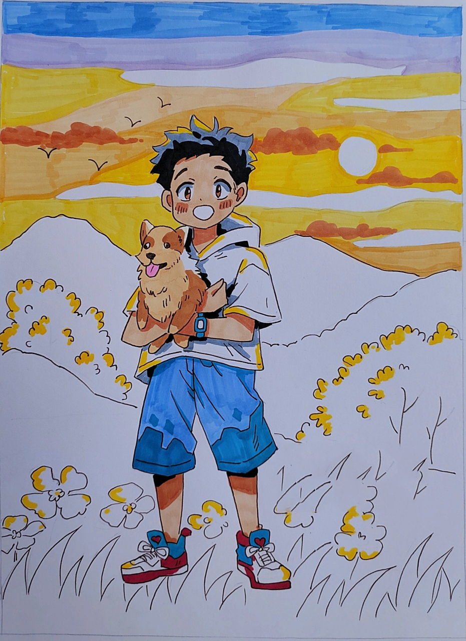 动漫人物男生场景绘画/ 有步骤 适合动漫考级六级 工具:马克纸200克