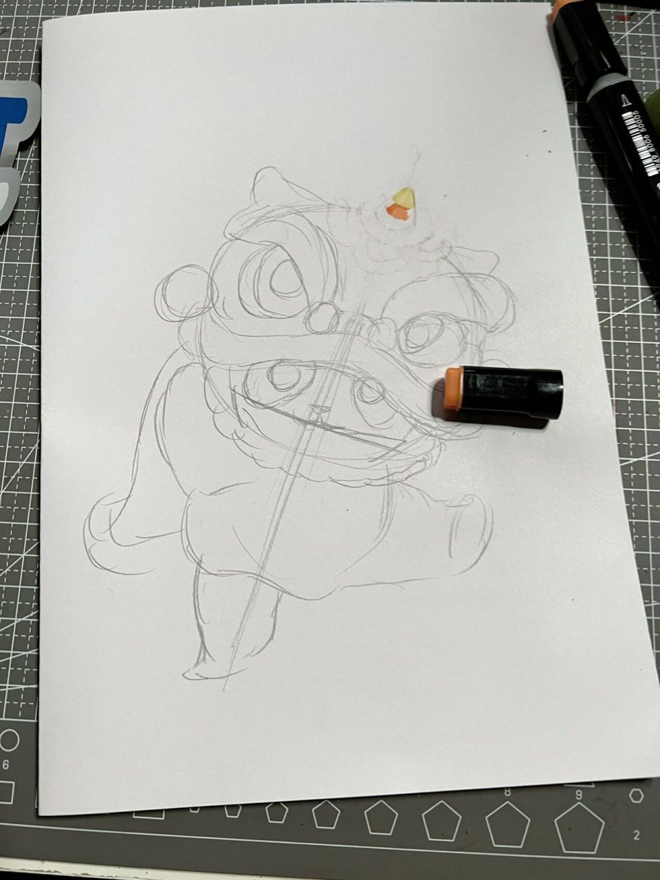 醒狮 舞狮小熊猫马克笔手绘 马克笔画很简单很可爱  原图来自大佬雪