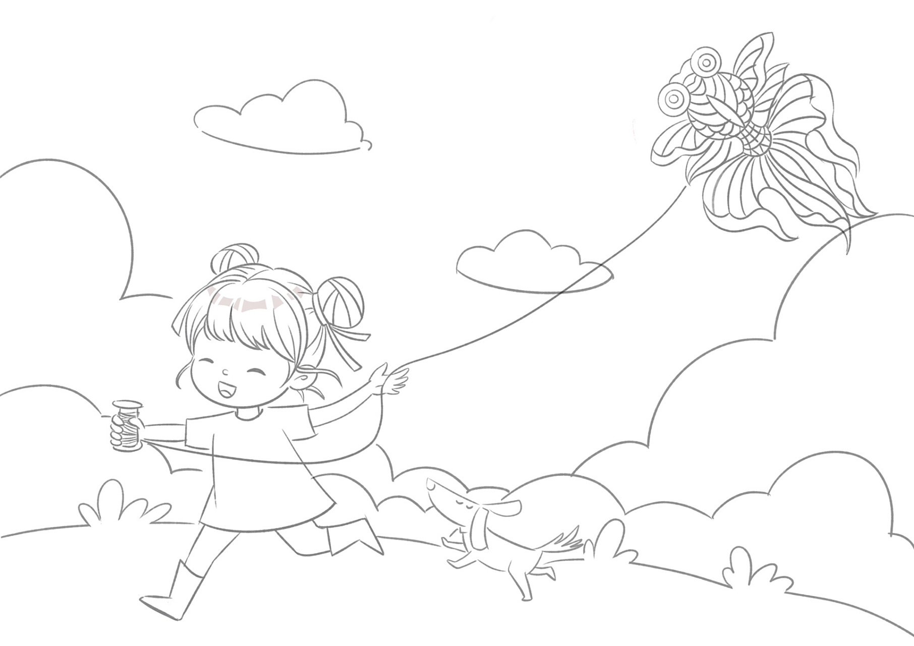 放风筝儿童画|风筝主题儿童画教程 原创风筝儿童插画,这两天在构思的