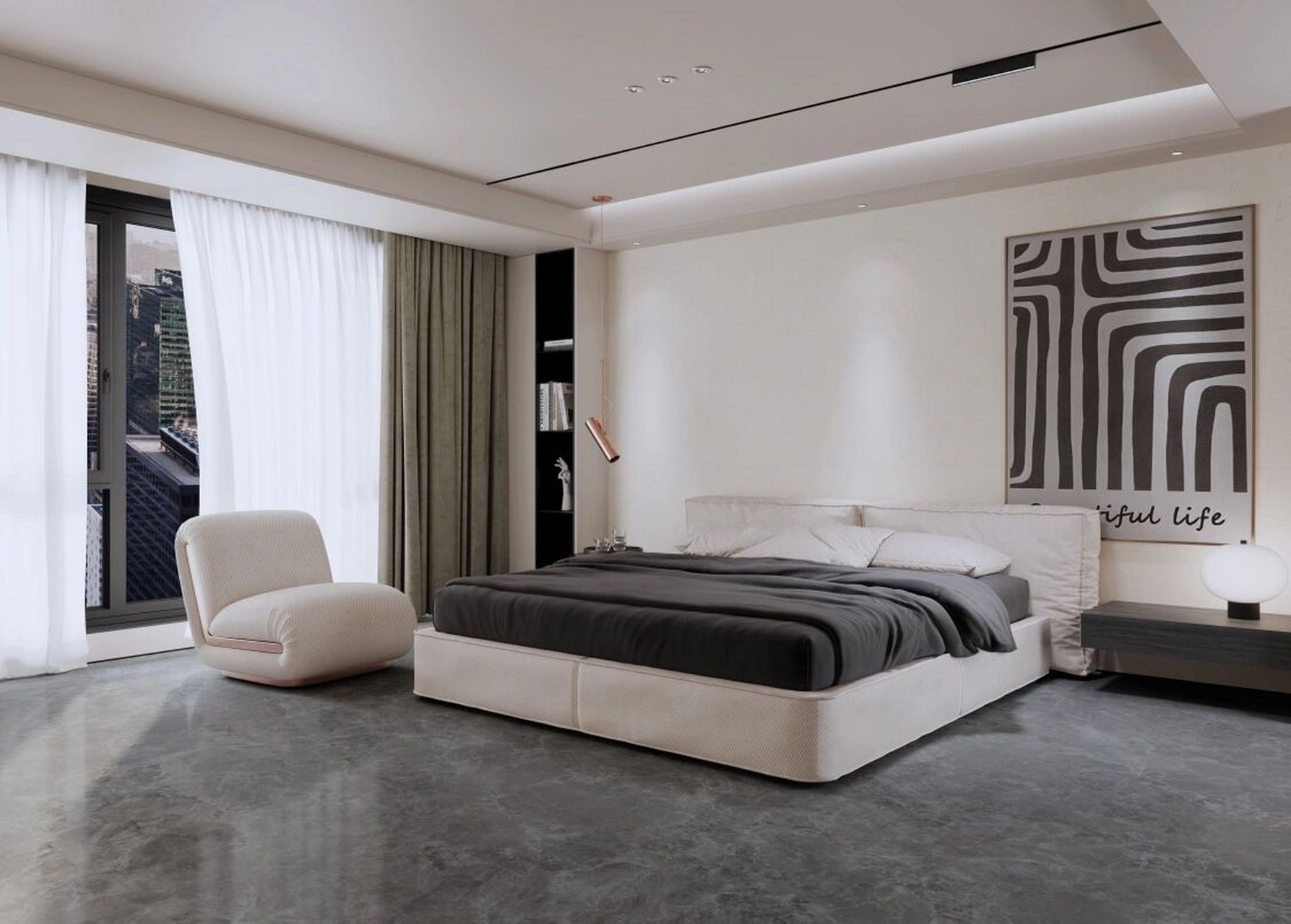 5m 原本有个小观景阳台也一并打通了阳光照进来,黑白卧室看起来也很