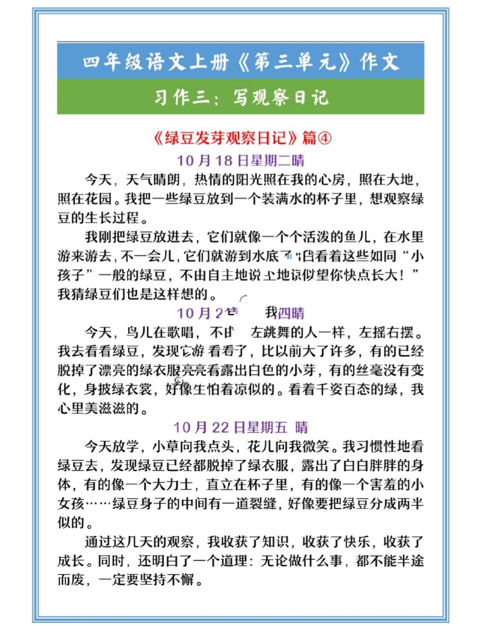观察日记400字四年级绿豆芽4天(观察日记400字 四年级绿豆芽优秀作文)