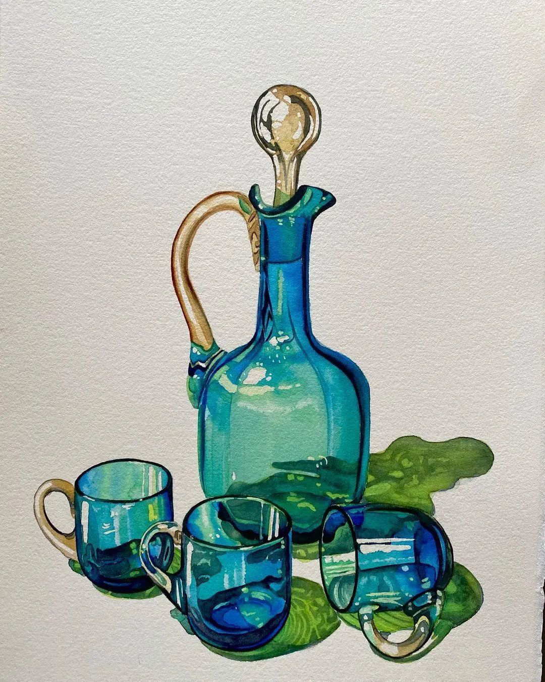 水彩静物 色彩斑澜的玻璃瓶 来自于画师 umitserpil