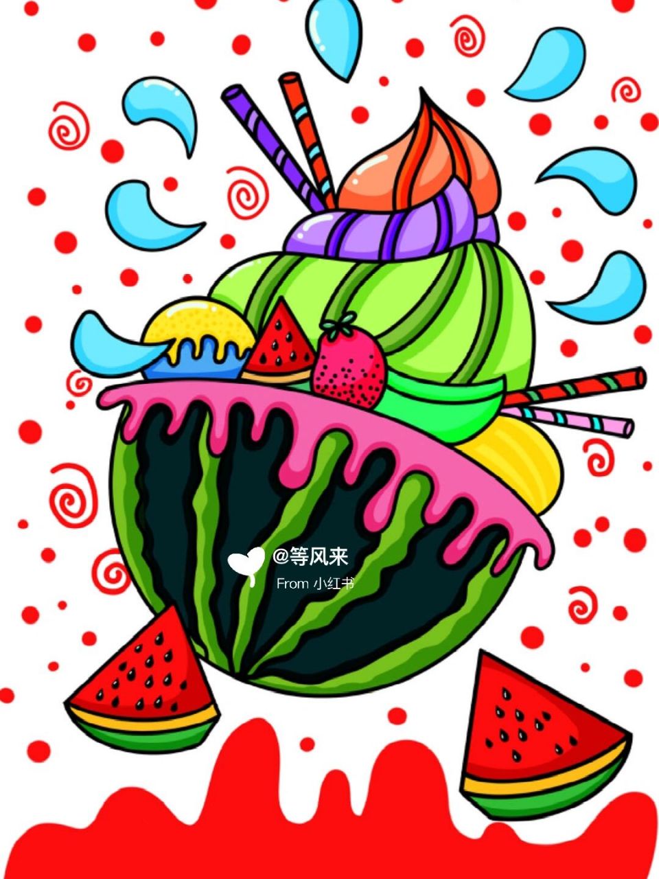 夏日西瓜冰淇淋 创意画 儿童画 #100件关于快乐的小事# #创意美术儿童