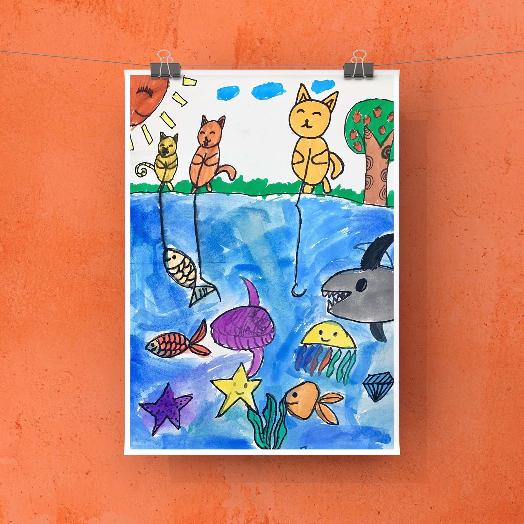 1～3年级绘画作品《小猫钓鱼》 绘画材料: 1粗细记号笔 2水彩笔 3固体