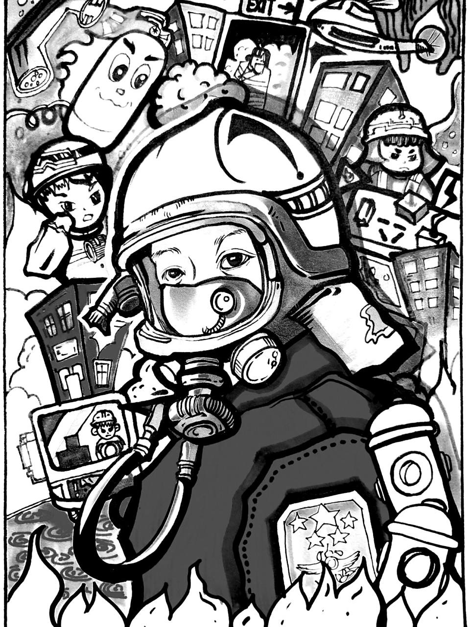 消防漫画/消防宣传画/火焰蓝/(临摹) 百年党旗红,平安火焰蓝