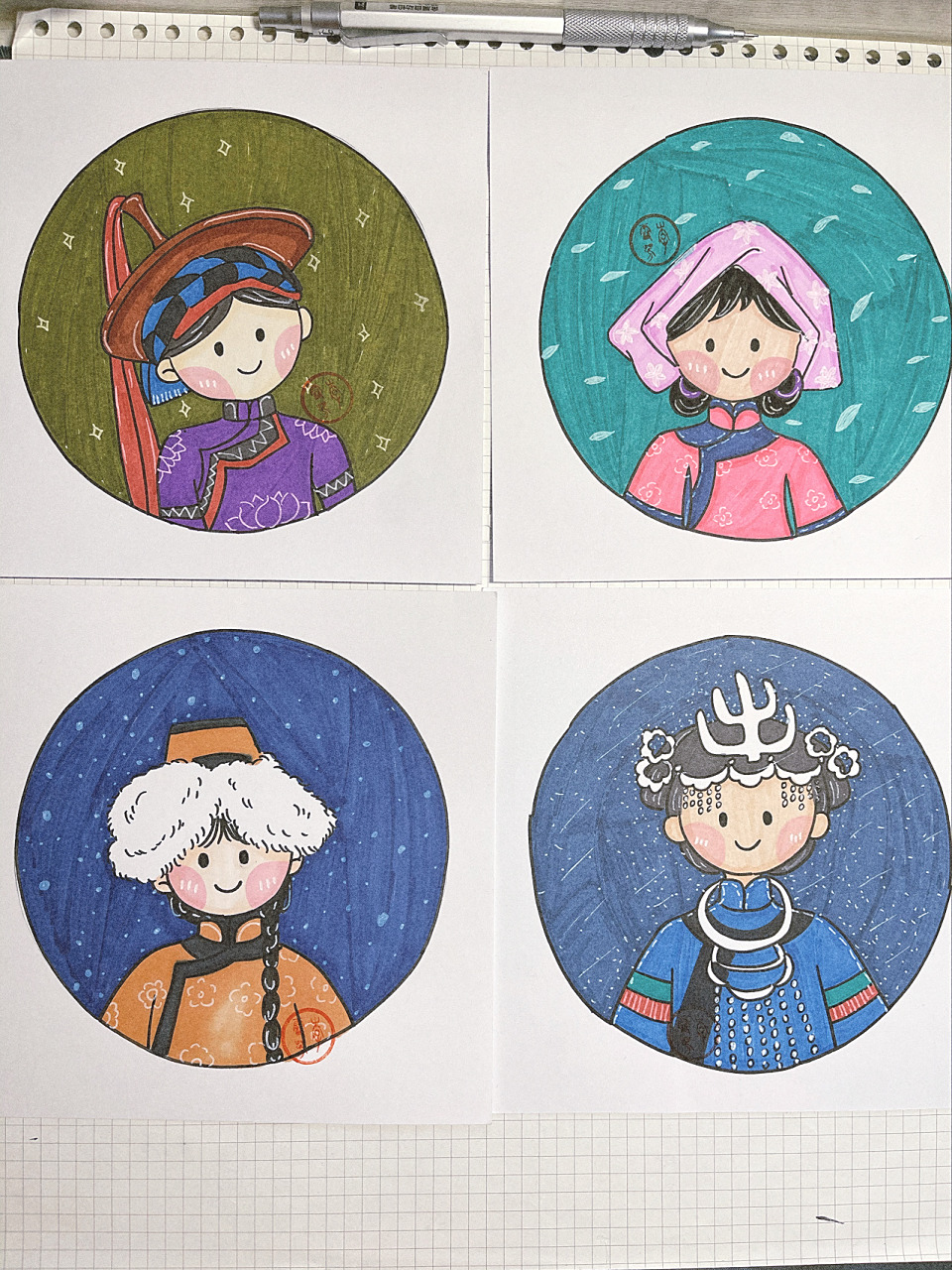 56个少数民族小姐姐#简笔画#原创系列7 每次更新4图上色稿 线稿在最后