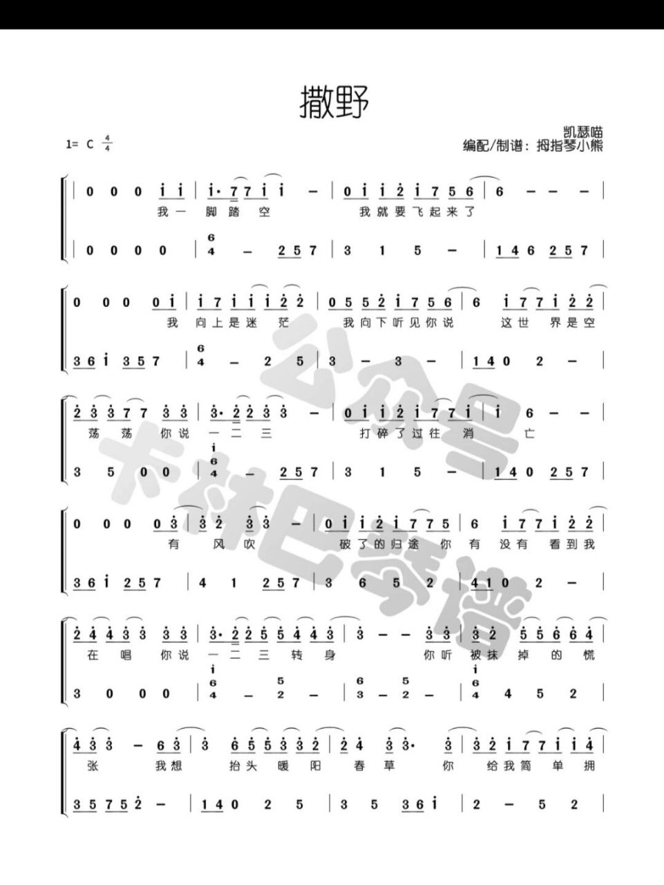 卡林巴拇指琴《撒野》简谱 《撒野》17音卡林巴琴简谱