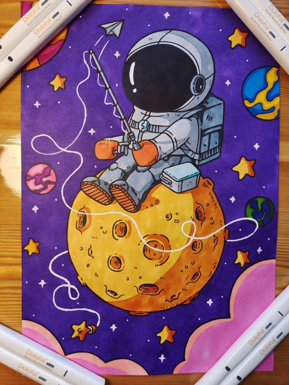 宇航员星球手绘(附原图) 宇航员星球儿童马克笔手绘,最后两张原图