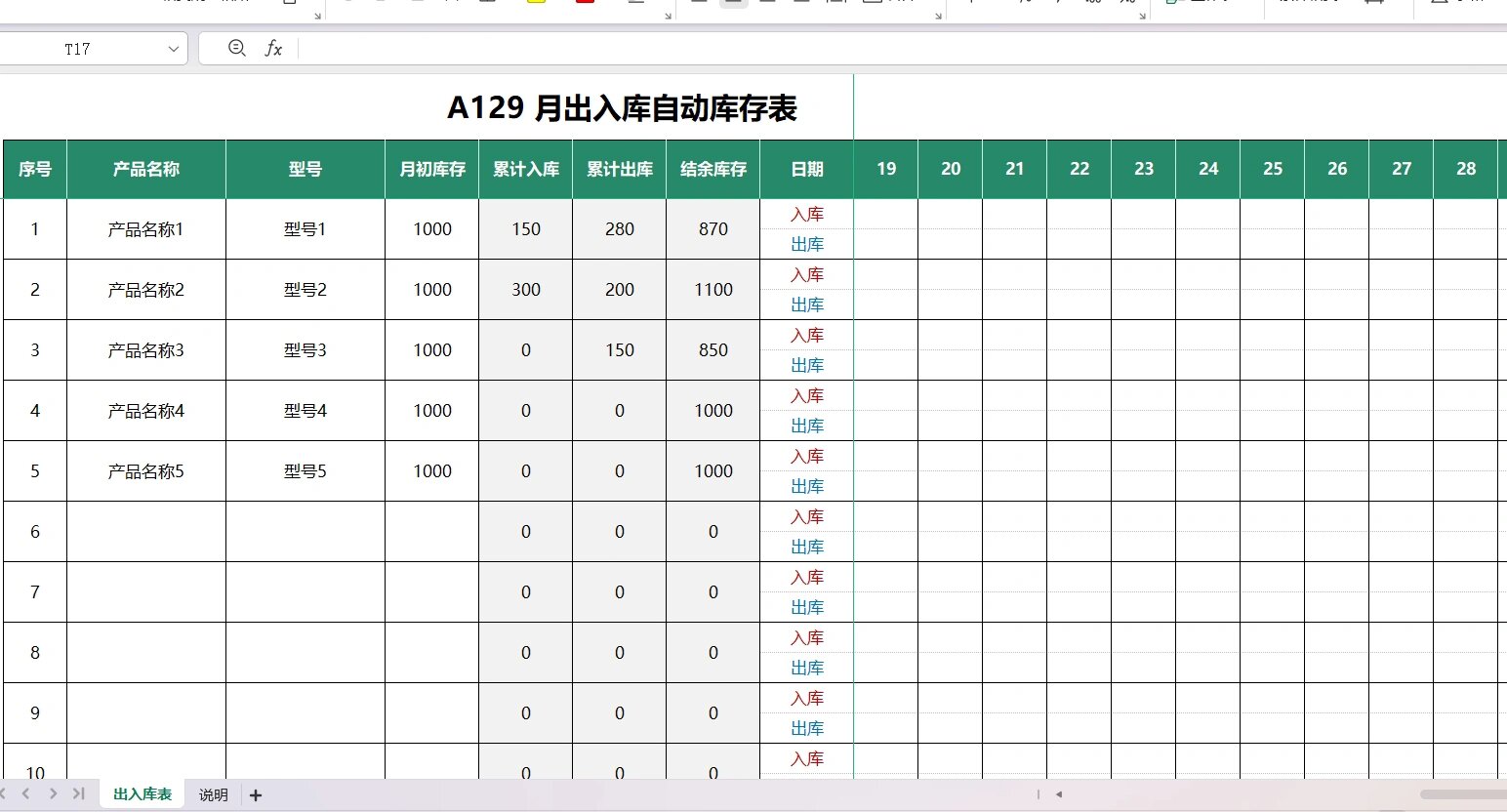 a131  月出入库自动库存表