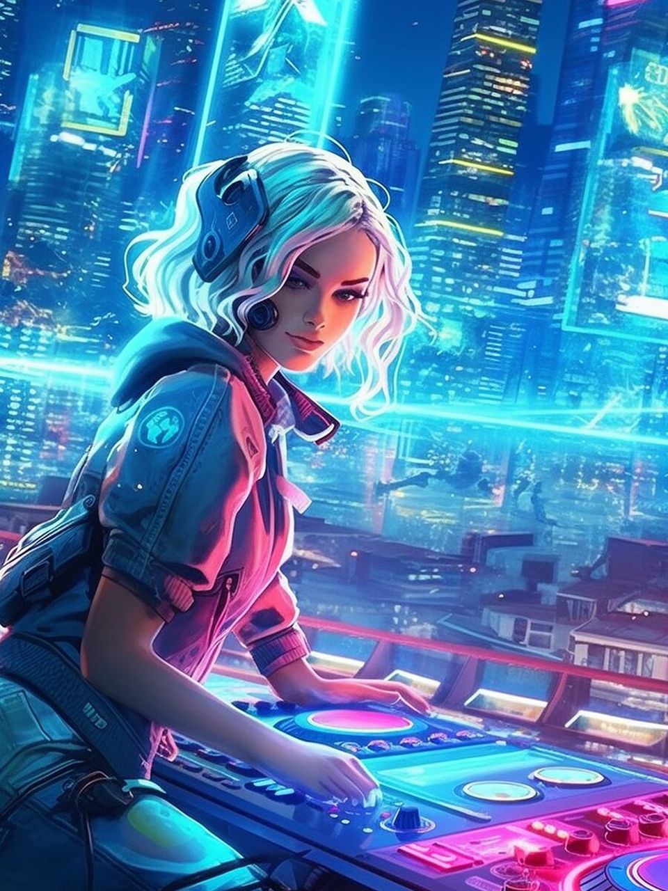 完整关键词 俱乐部的dj甲板霓虹灯上的感性热dj动漫女孩,背景,动漫