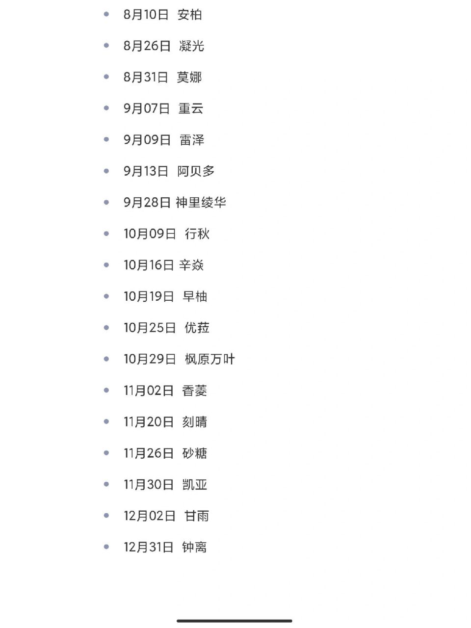 原神人物最新生日列表,终于整理出来了 原神人物最新生日列表,终于
