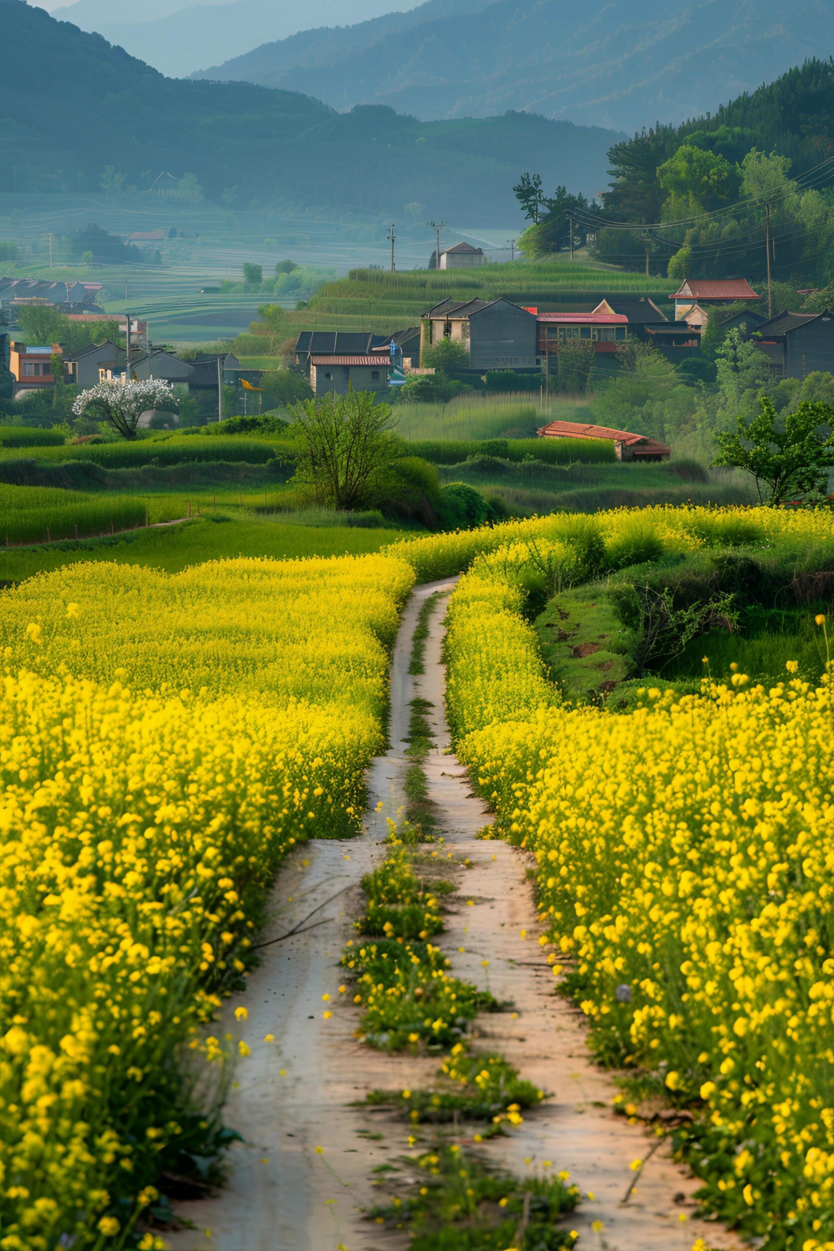 标题:小路,油菜花,村庄,看尽春色美.