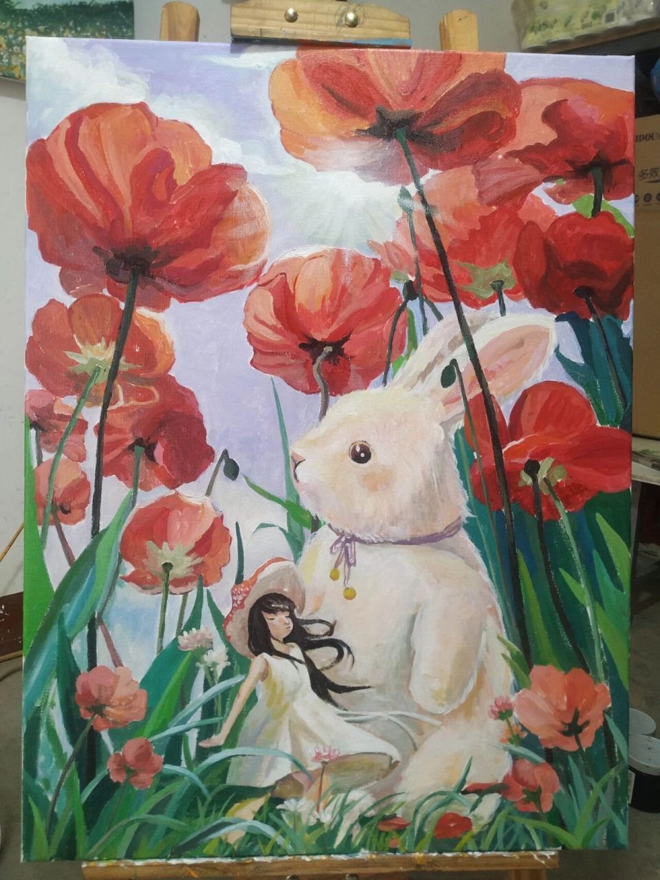 手绘丙烯画《兔子女孩》60*80(附步骤图) 马上就是兔年了,祝大家兔年