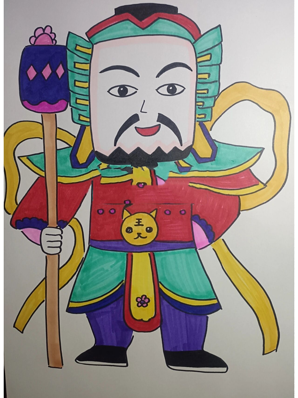 创意美术《新年门神》儿童画 1,工具材料: 马克笔,勾线笔,卡纸 2,适合