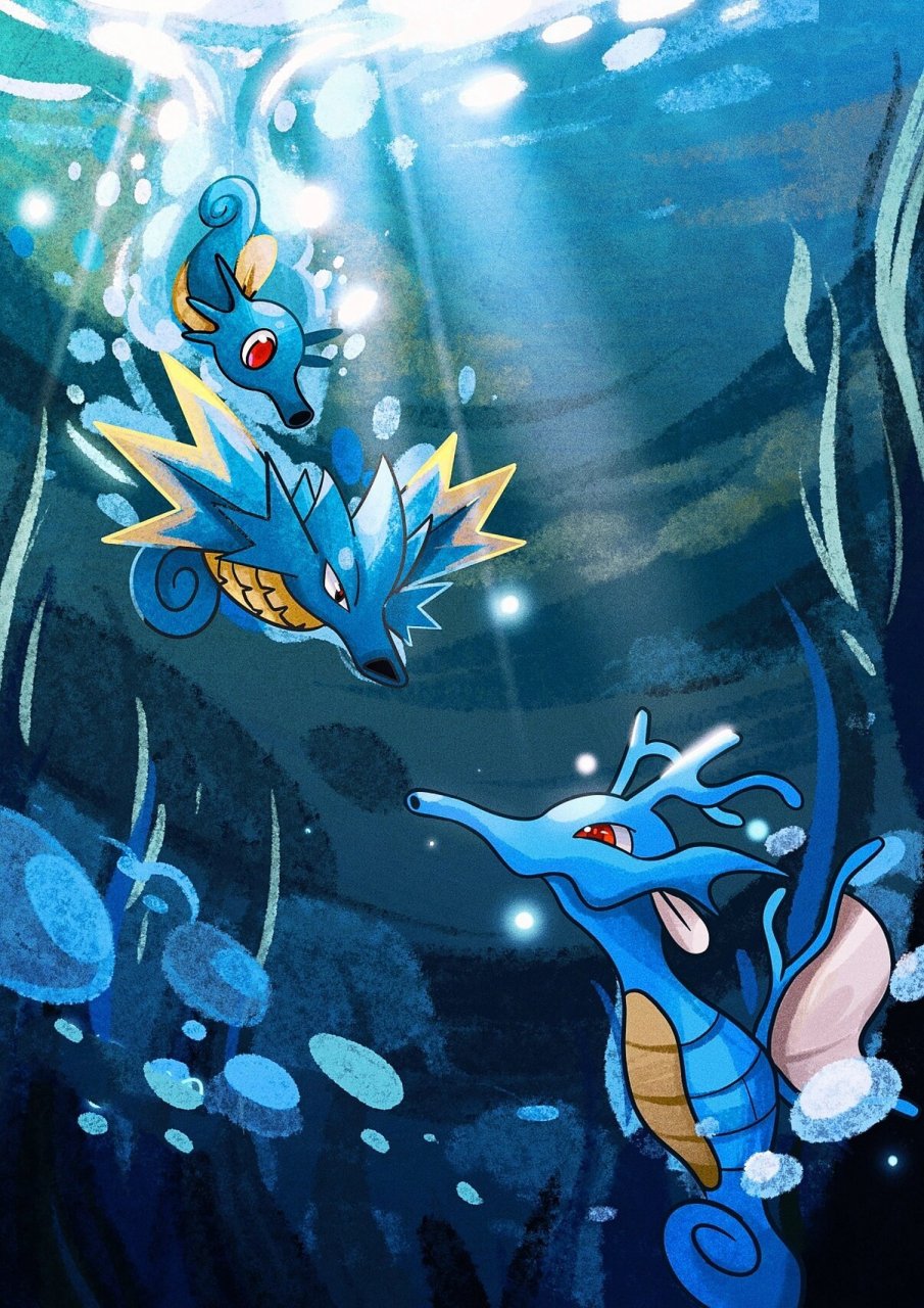 宝可梦图鉴|自绘|墨海马·海刺龙·刺龙王 第一次画水底场景～大效果