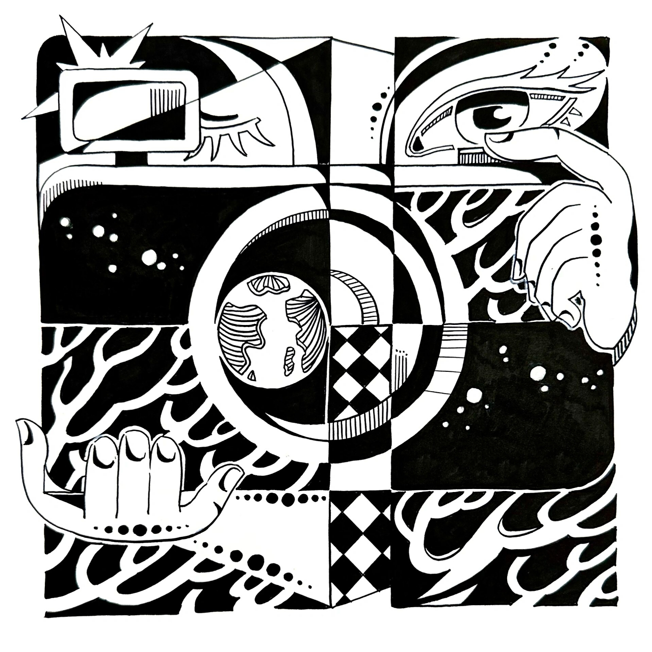 清美学姐|分割构成黑白装饰画9215 主题:《探索》 工具:黑色勾线