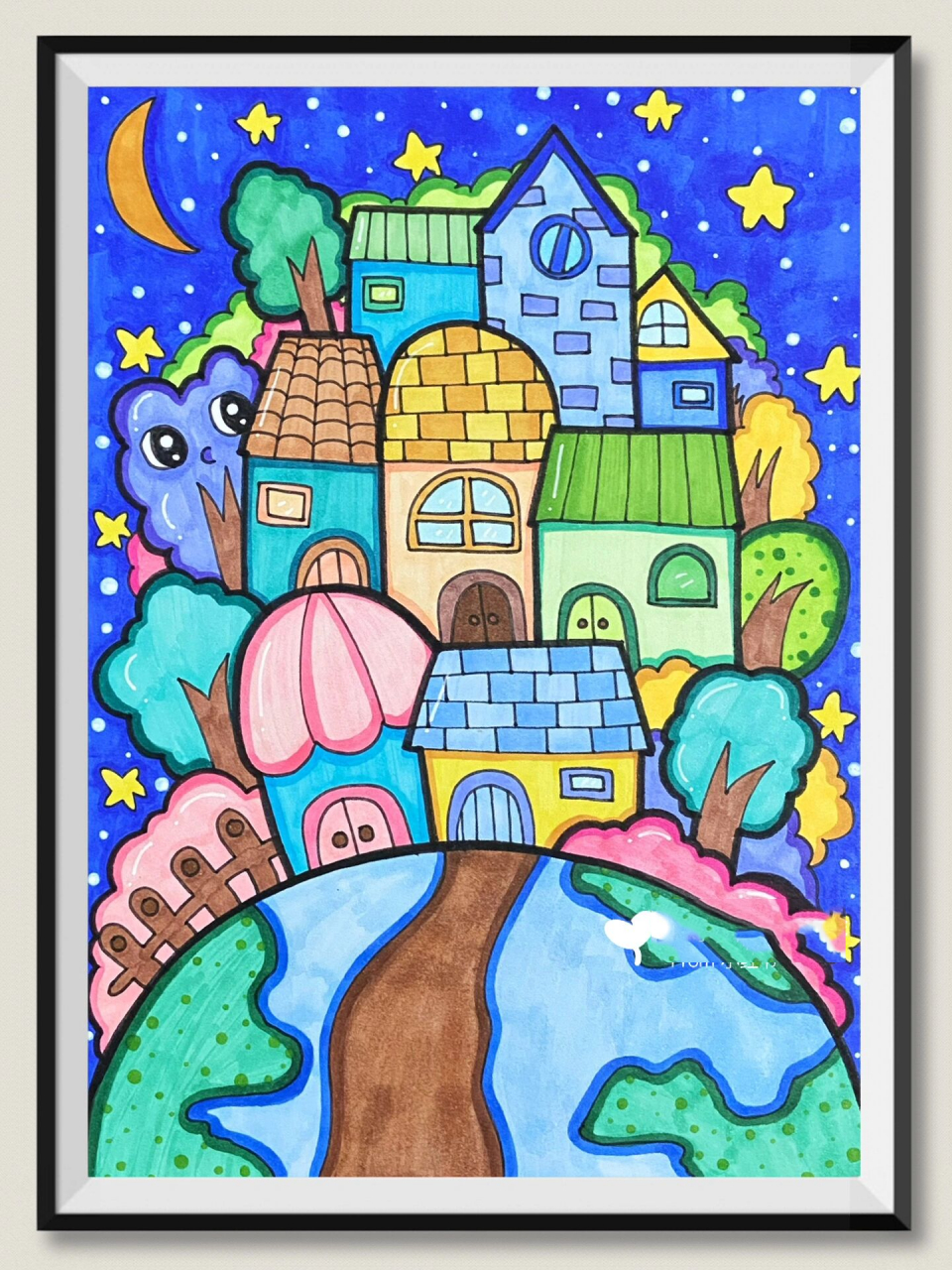 马克笔儿童创意画《同住地球村》            画纸:荷兰白卡a5 主题