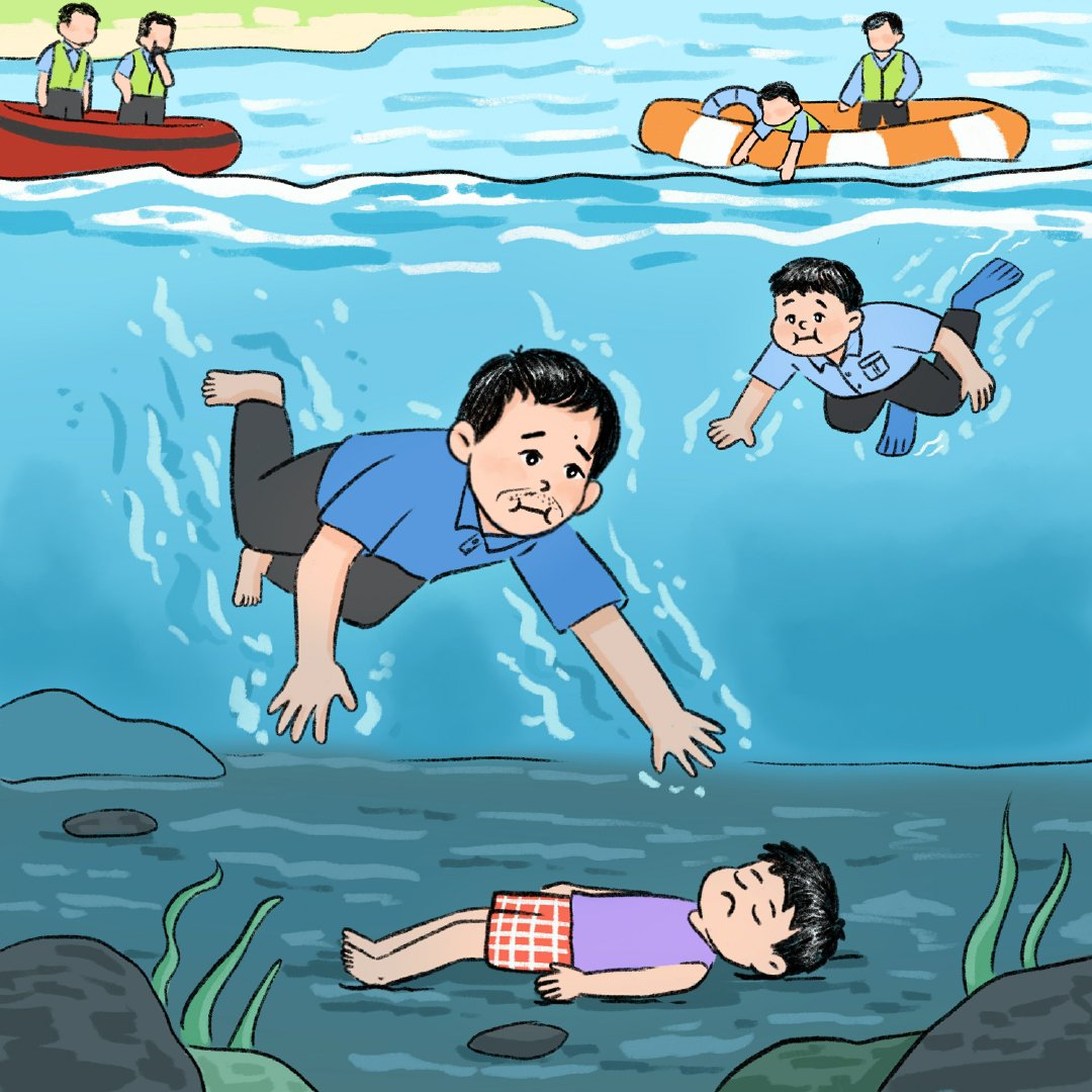 "浙江好人"谭弟咸于深水区挽救3位溺水少年,网友用手绘漫画生动还原这
