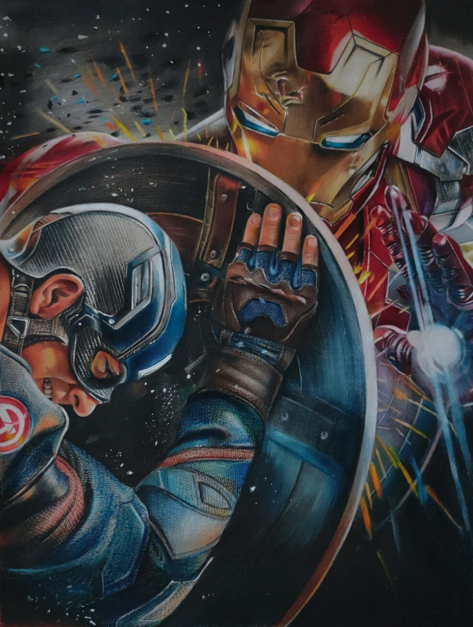 手绘彩铅《美国队长&钢铁侠》 工具:霹雳马彩铅 法卡勒马克笔