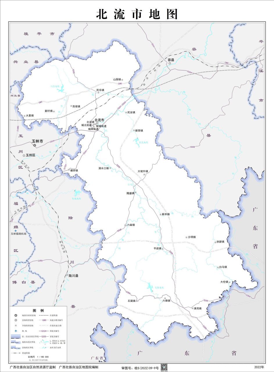 区4县1市行政区划图 1玉林市 2玉州区 3福绵区 4容县 5陆川县 6博白县