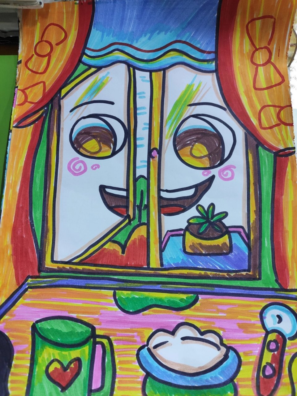 高考儿童画《窗户》 靠墙的窗户 打开了一点,窗户外的窗台有花 打开那