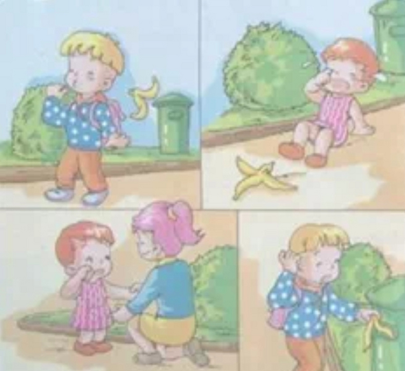 《香蕉皮风波》看图写话 范文一 一天早上,太阳高照,小明边走边吃香蕉