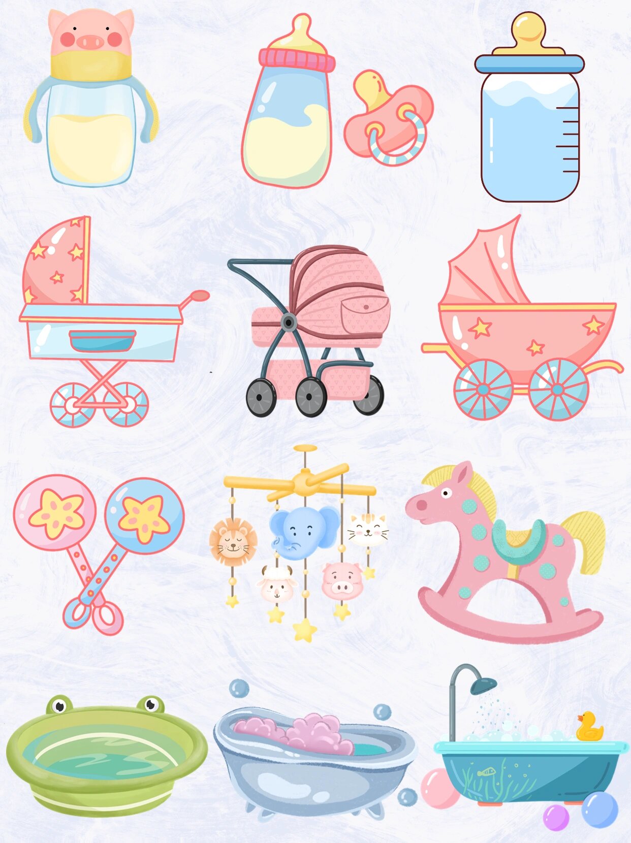 手绘母婴用品贴纸 手绘-母婴用品-床铃 手绘-孕妇日常贴纸-婴儿车