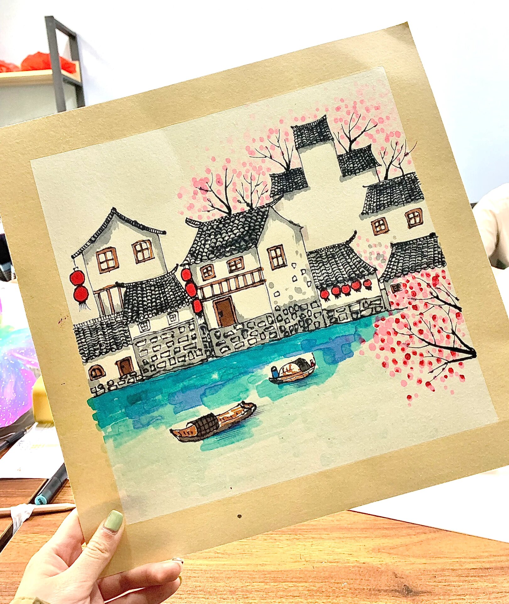 儿童创意画,徽派建筑,江南水乡