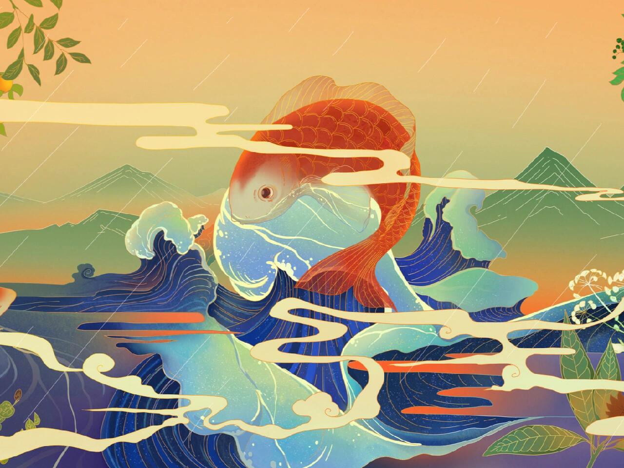 鲤鱼跃龙门主题插画