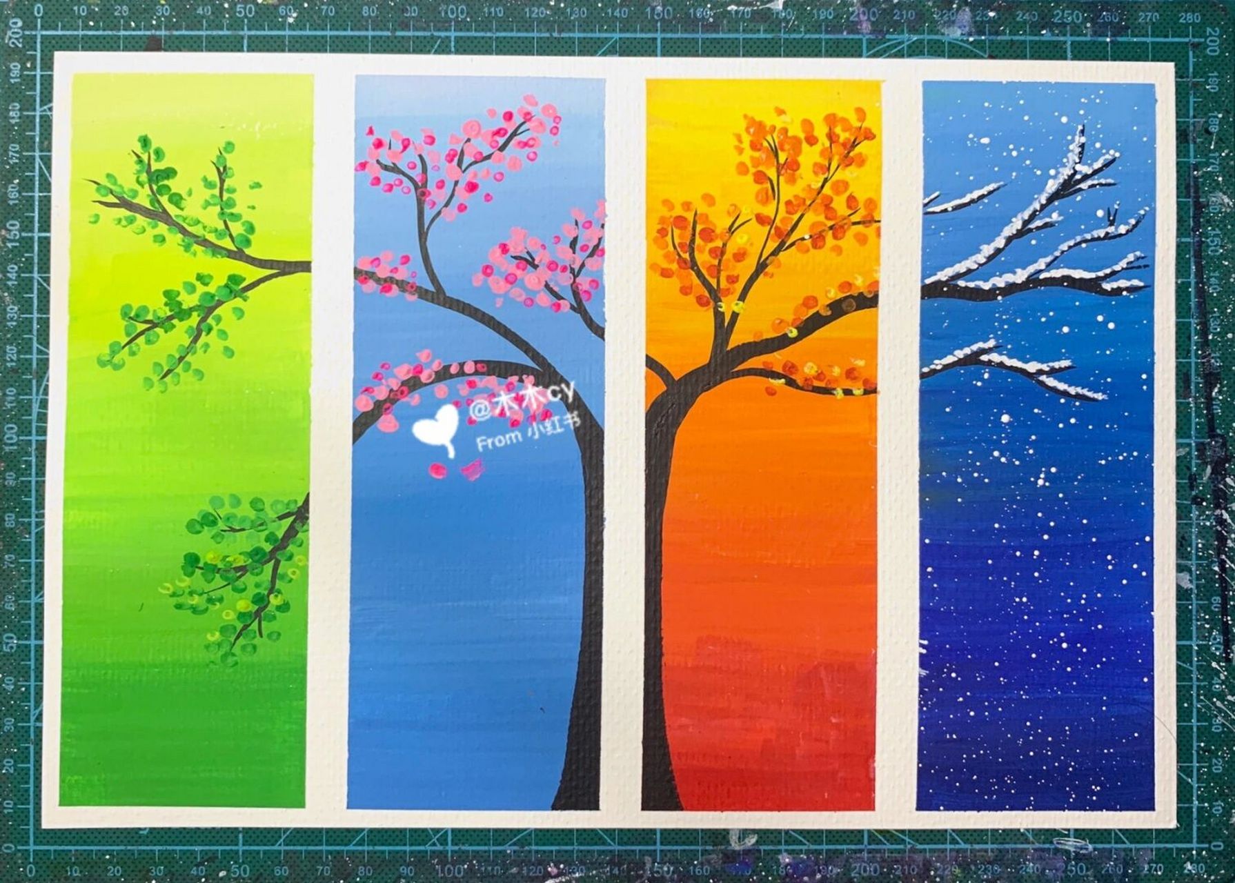 水粉风景～春夏秋冬(步骤) 纸张a4  ,纸胶是1cm的,平均分出四个长方形