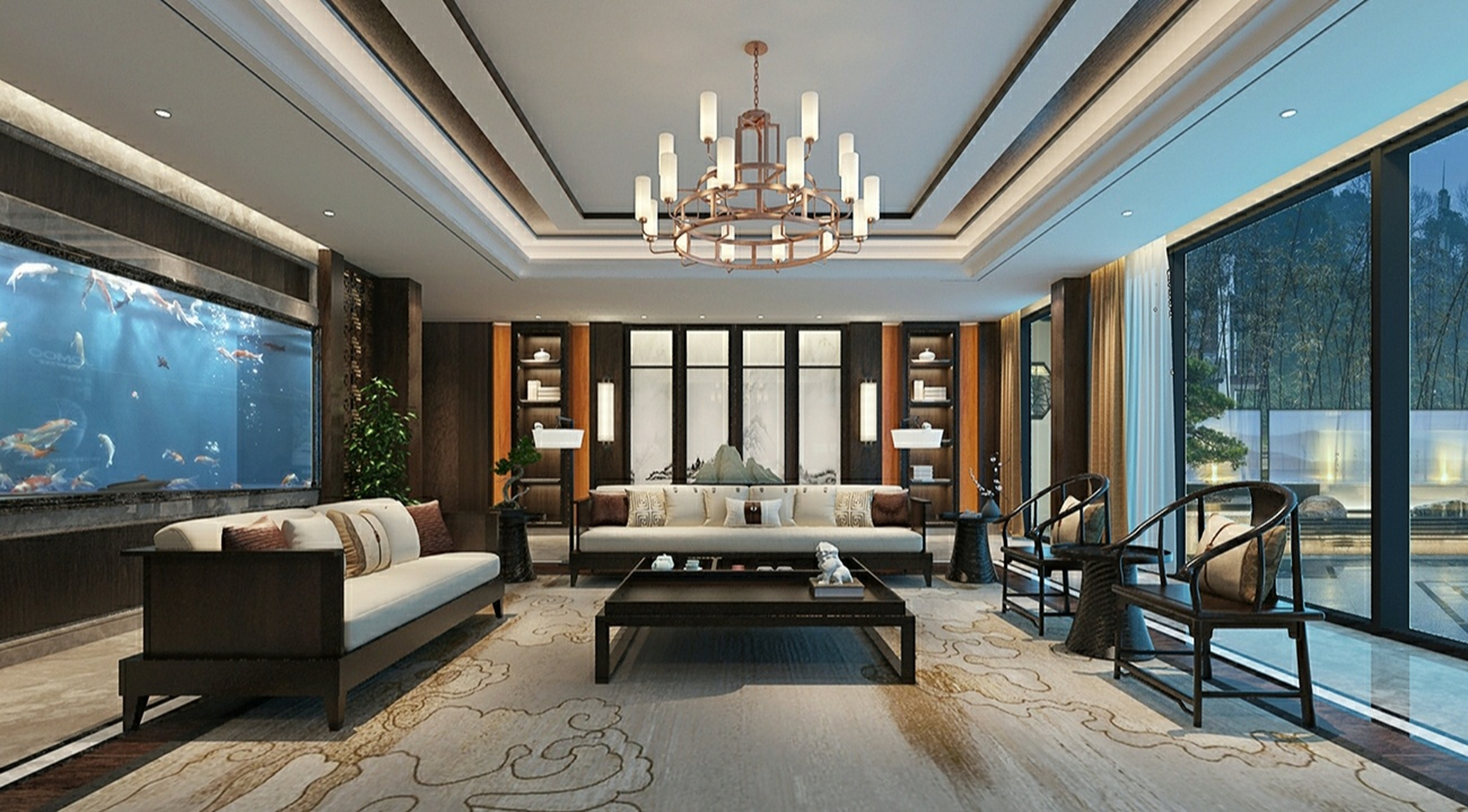新中式别墅大宅设计,客厅超大鱼缸 自建别墅,超大鱼缸,把水族馆搬进