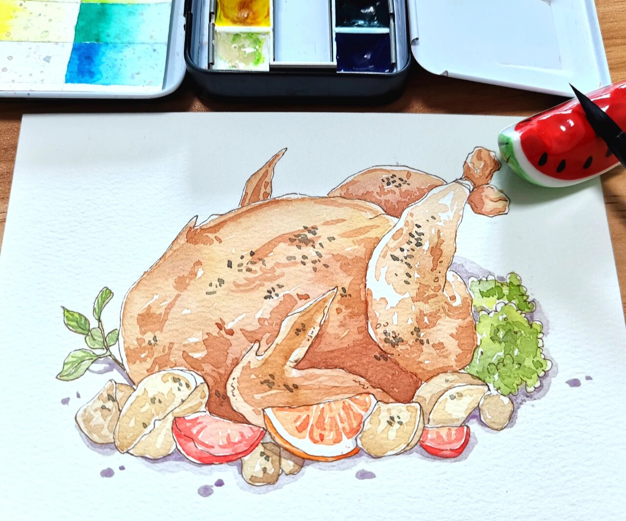 水彩美食之烧鸡