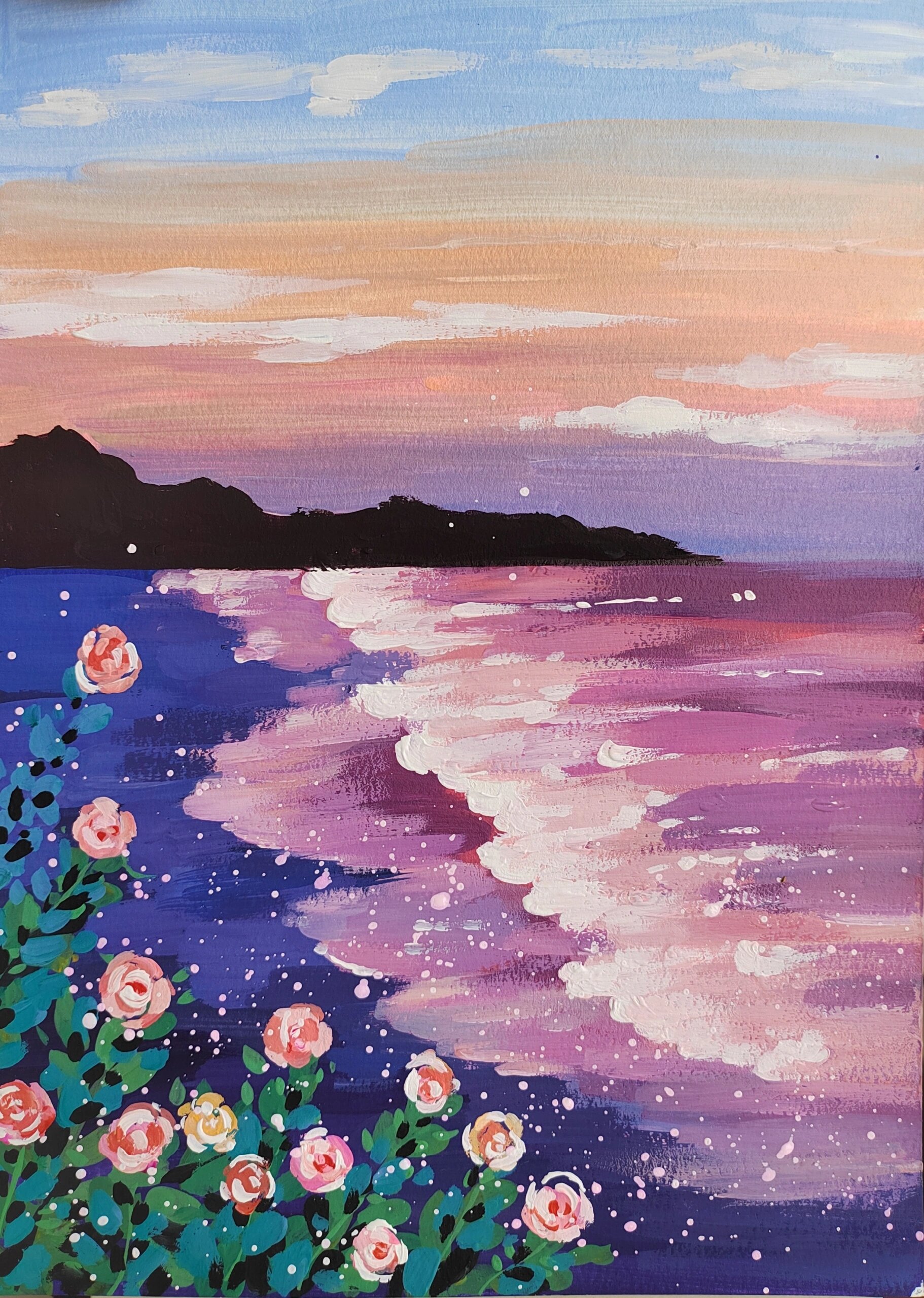 儿童水粉画风景画教程《藕粉色海