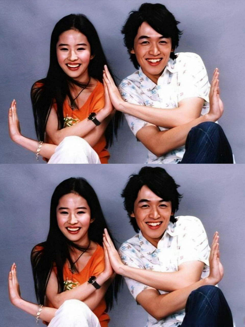 今日,有网友考古找到了#胡歌刘亦菲青春洋溢的合照#,17岁时的刘亦菲和