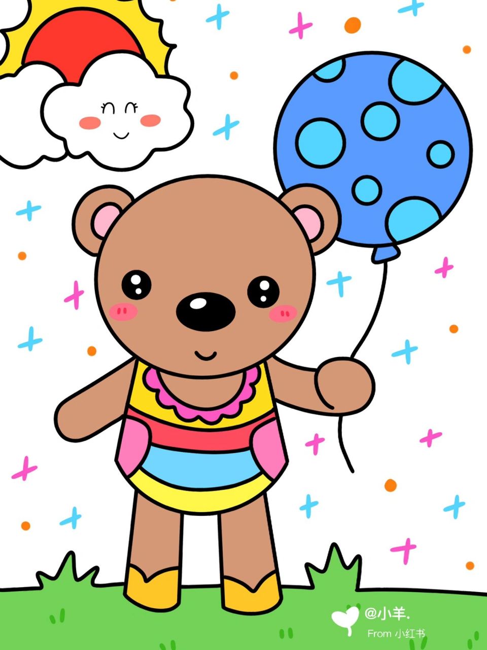 拿起球的小熊93 儿童创意画 简笔画 #创意美术儿童画# #儿童创意画