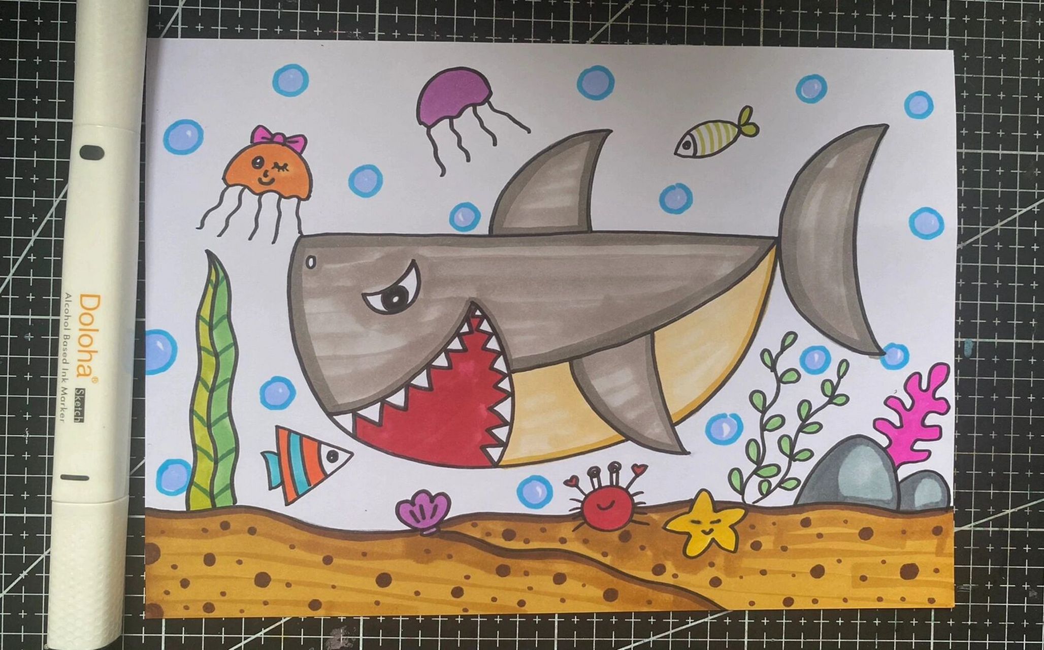 鲨鱼儿童画 可爱的鲨鱼 大鲨鱼卡通画 海底世界儿童画 儿童画