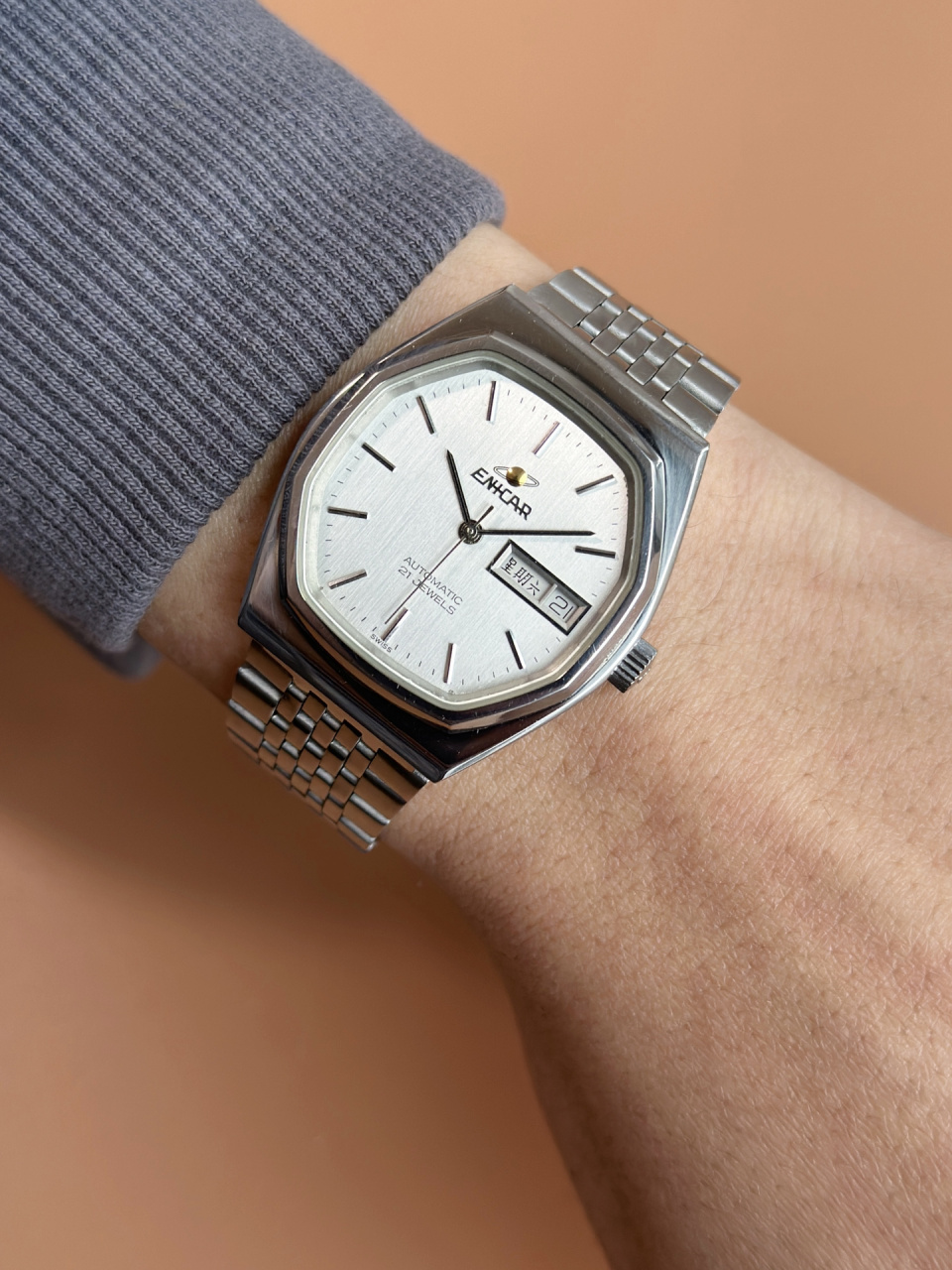 enicar英纳格自动机械表 全原装老货 集成表带式不锈钢运动表 表壳