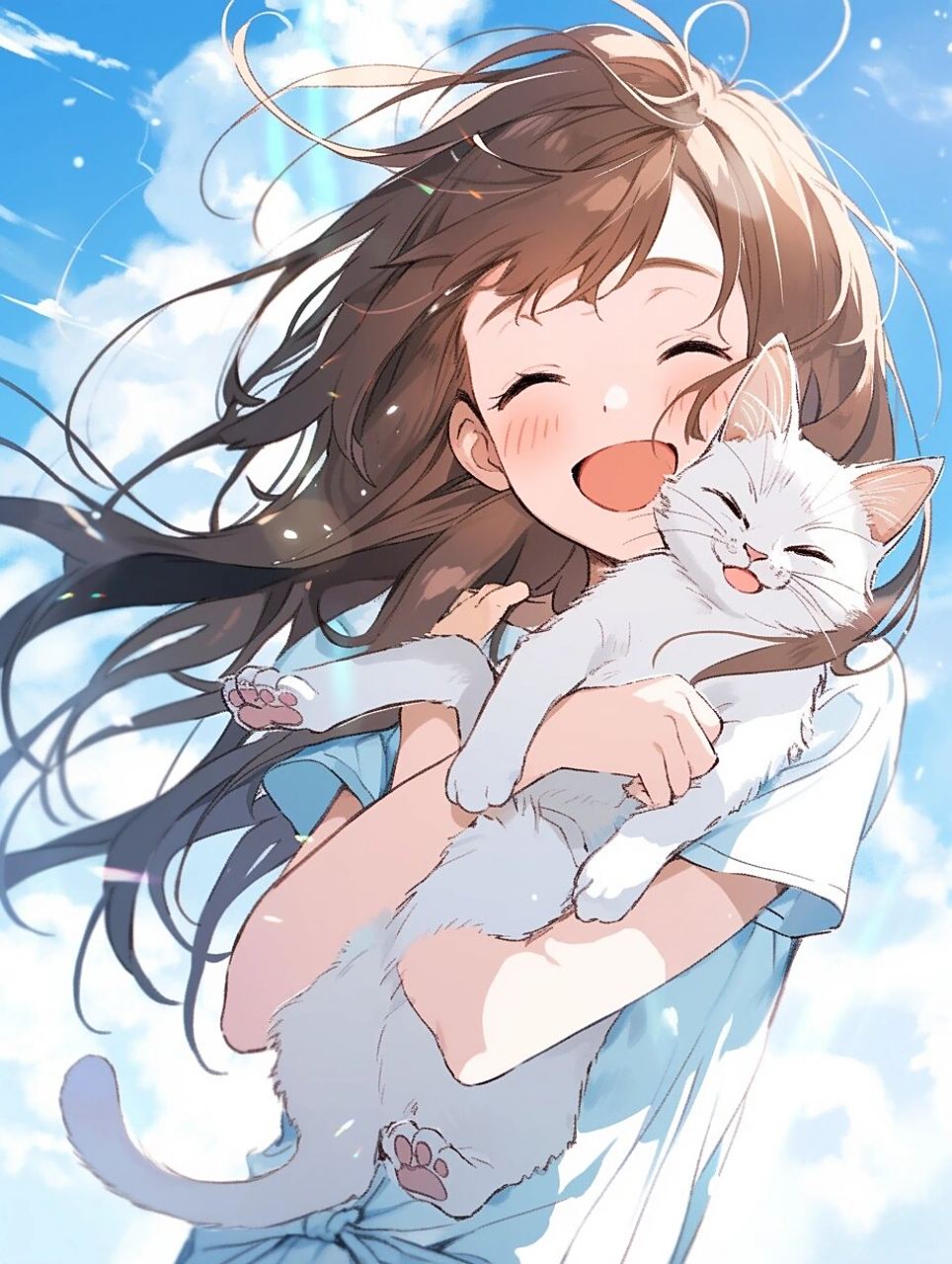 【动漫女生头像】抱着猫开心大笑的女孩 阳光蓝天下, 笑的灿烂的女孩.