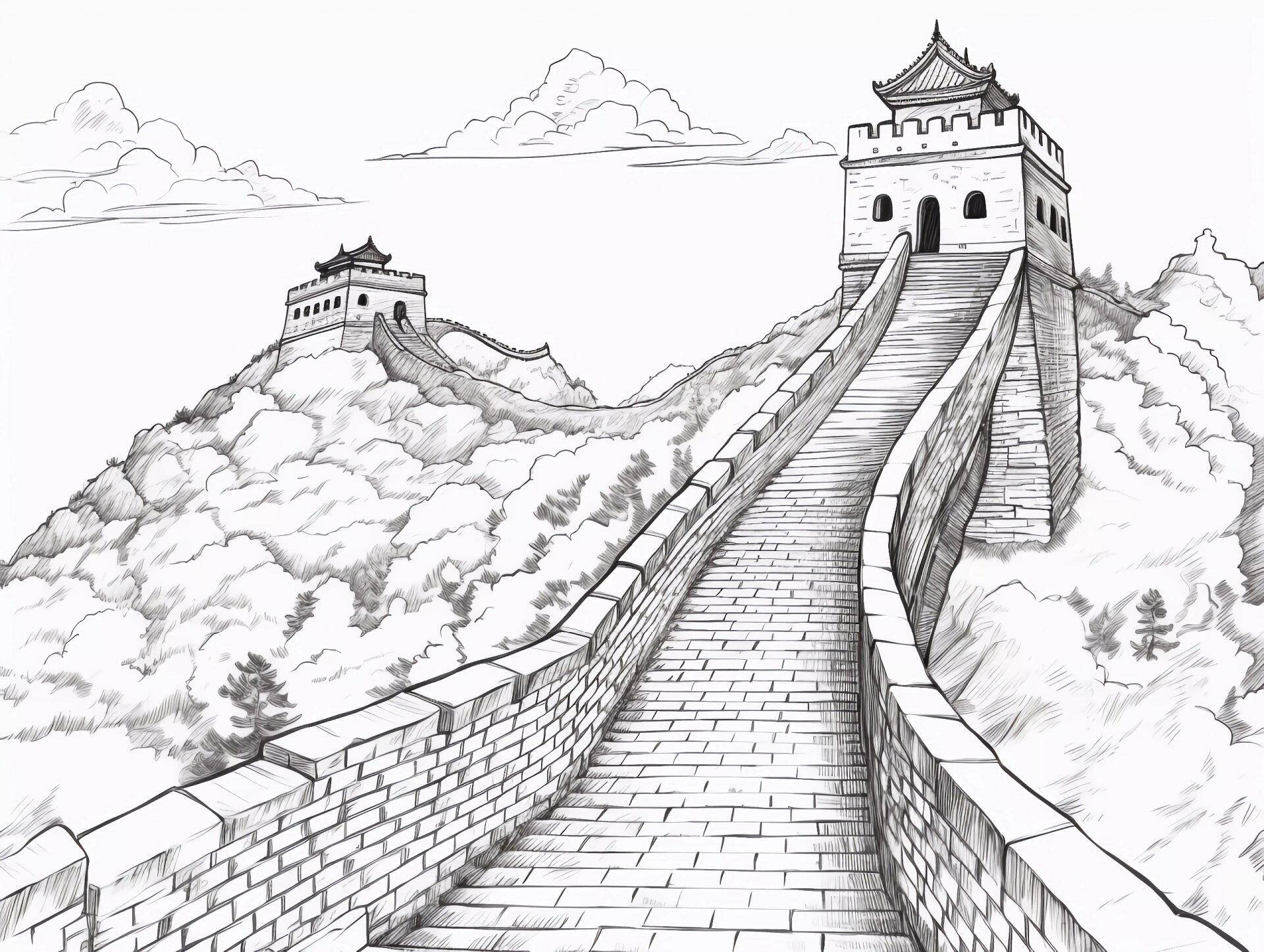手绘北京长城城楼万里长城剪影古建筑风貌