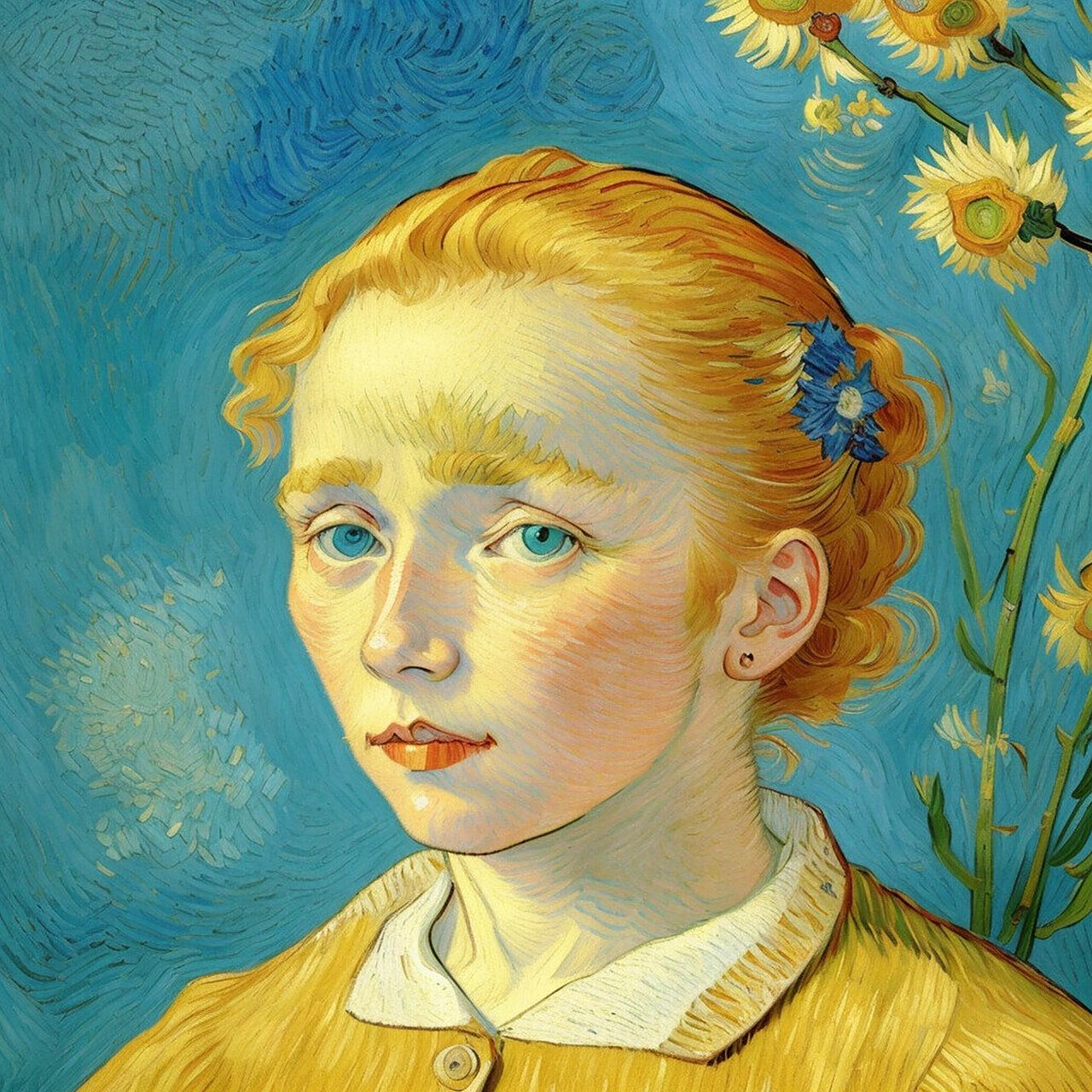 风格还是梵高自画像的风格,于是显得这所谓"青春美少女"有点老.